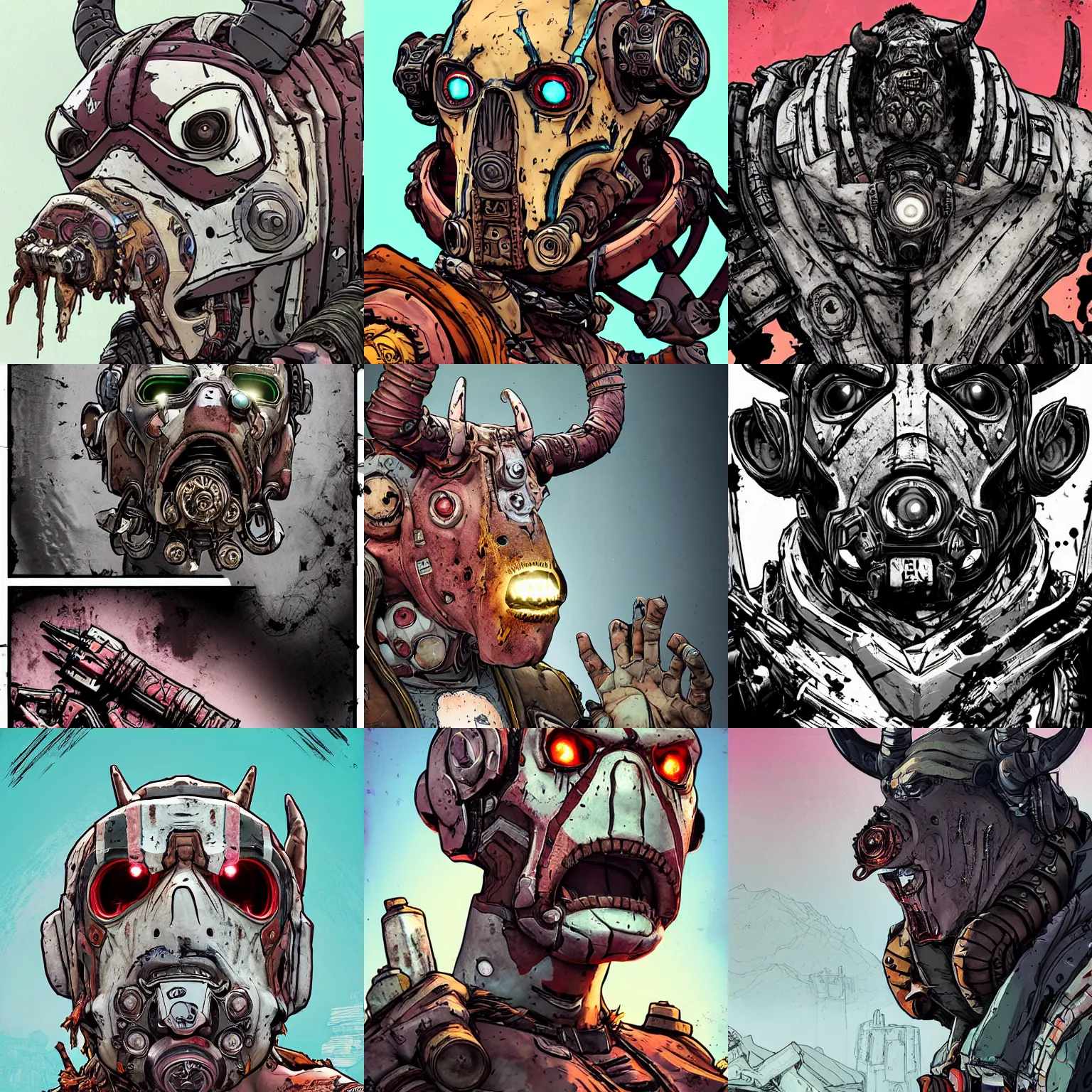 Prompt: borderlands 3 !!! bull!! cell shaded! scary head portrait of animal bull cyborg as Borderlands 3 concept art, llustration, postapocalyptic grunge, concept art by Laurie Greasley, highly detailed, sharp focus,alien, HQ, 4K ,art by Laurie Greasley