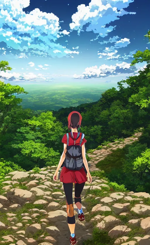 Image similar to an anime girl in the foreground hiking the Appalachian Trail alone, three point perspective, anime scene, digital art, 4k ultra