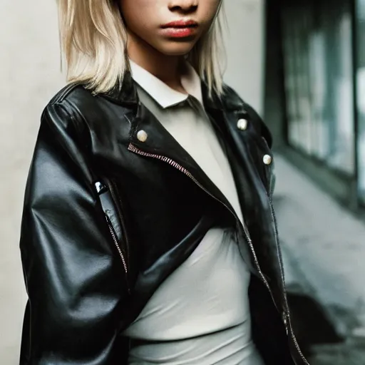 Image similar to realistic photoshooting for a new balenciaga lookbook, color film photography, portrait of a blonde asian woman, model wearing a motorcycle jacket, photo in style of tyler mitchell, 3 5 mm,