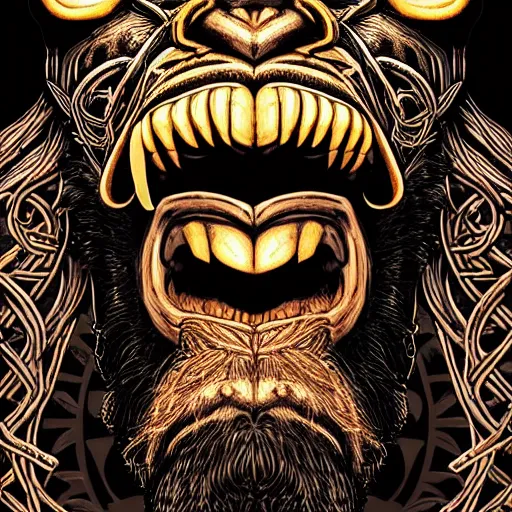 Prompt: close up view, barong family member, viking warrior, viking beard, reindeer horns, runic inscription, king kong, gorilla, wiwek, mara demon, one single tribe member, jungle, one single mask, dark, ancient warrior, tribal, inner glow, art by dan mumford and justin gerard and bob pepper