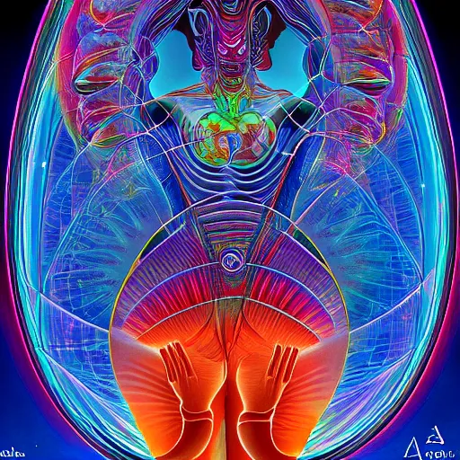 Image similar to human trancending into collaborative intelligence in the style of alex grey, album cover, award winning, beautiful, colorful, volumetric lighting, trending on artstation