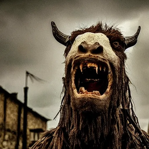 Image similar to horror, moody, still from film, daytime, muddy village square, wide shot, roaring mutant goat monster, powerful and huge, creeping on legs with hands instead of feet, filthy jagged teeth in gaping mouth, matted dirty fur, in muddy medieval village square