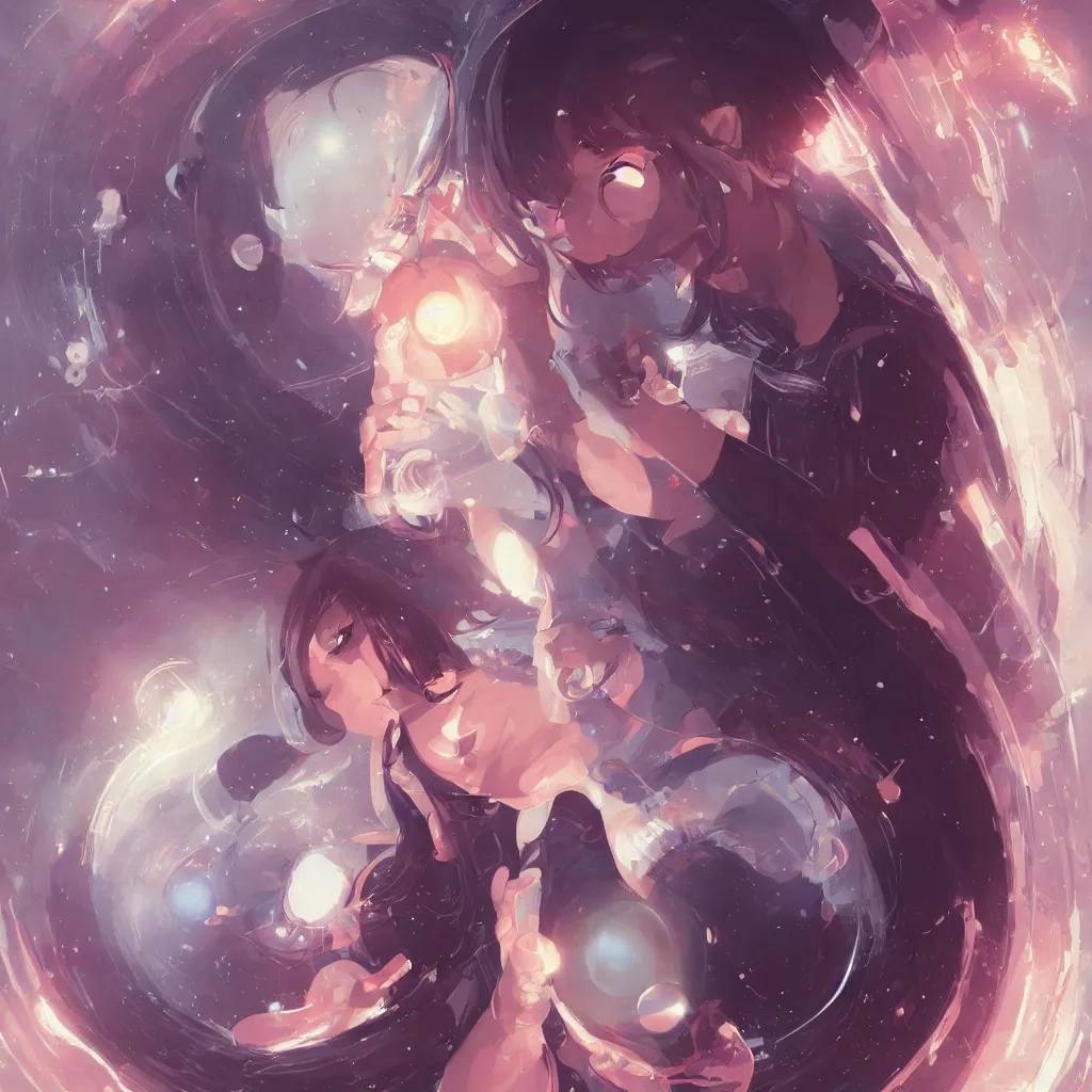 Image similar to a beautiful female scientist holding a small black hole in her hands, anime art, symmetrical facial features, symmetrical proportions, illustration, style by jordan grimmer and greg rutkowski