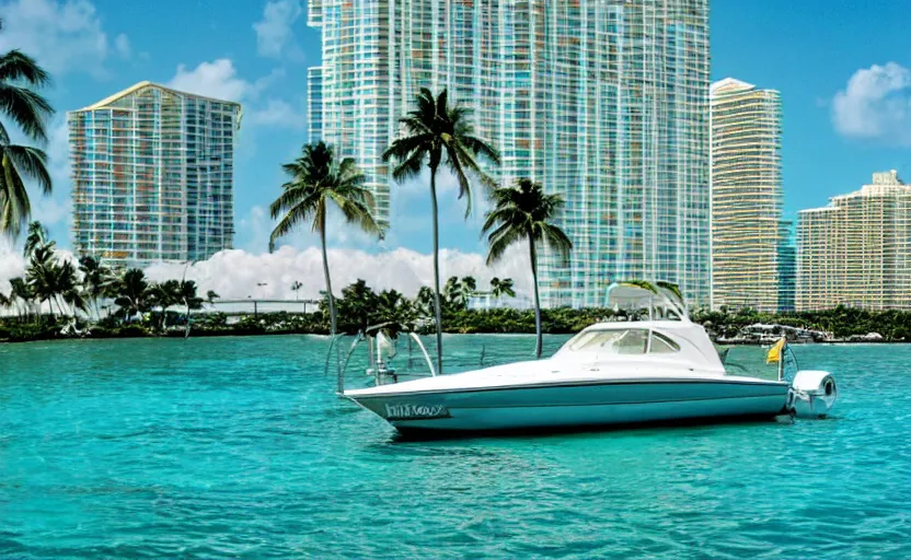 Prompt: a sport boat in a turquoise water. miami. 8 0's style