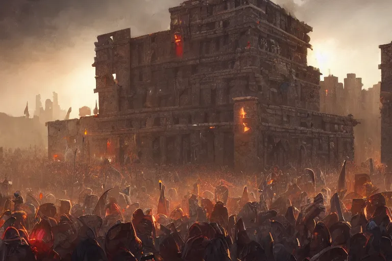Image similar to brutalist Aztec architecture, crowds at the sacrifice, Jessica Rossier and andreas rocha