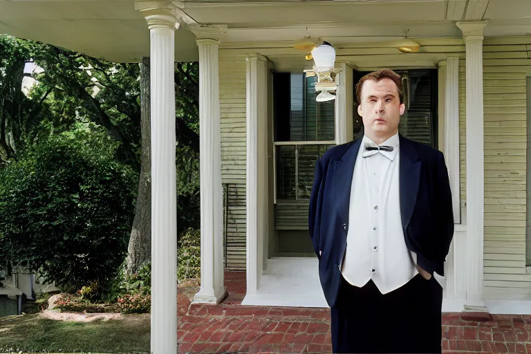 Image similar to cinematic film still from 1994 film: portly clean-shaven white man wearing suit and necktie standing on the front porch of his house. XF IQ4, f/1.4, ISO 200, 1/160s, 8K, RAW, dramatic lighting, symmetrical balance, in-frame