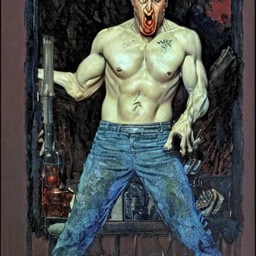Prompt: Sad, muscular vampire with icy blue eyes, by Norman Rockwell and Robert McGinnis.