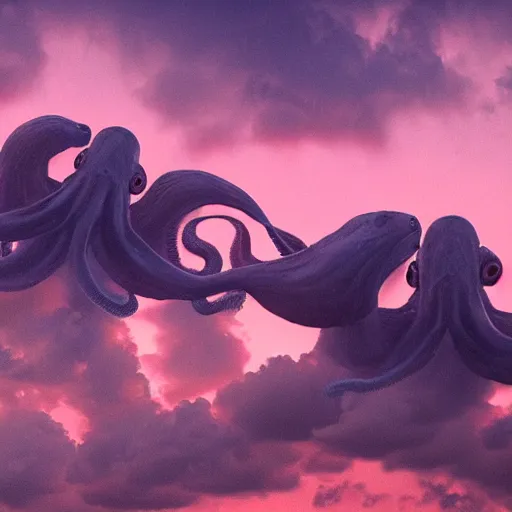 Image similar to a group of colossal octopuses flying over a cloudy pink sky over the horizon, award winning