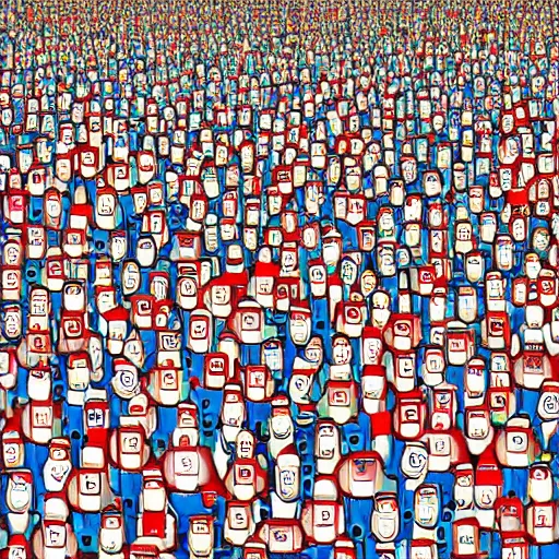 Prompt: tiny robot hiding in where's wally picture. illustrated by martin handford, high detailed, high complexity. photorealistic