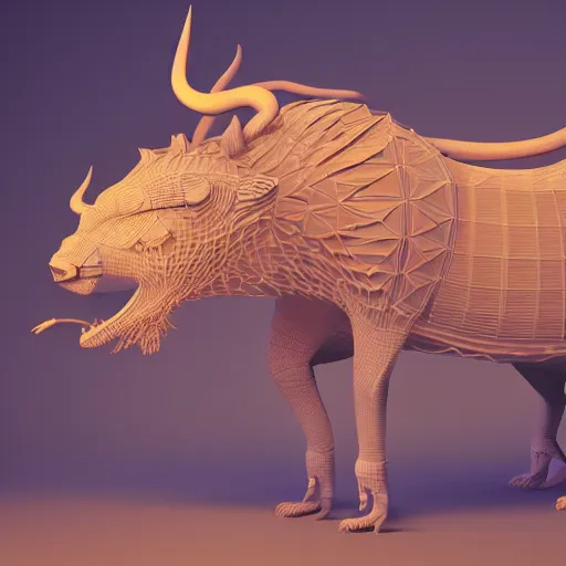 Image similar to a detailed 3 d render magical beast occult magick features in the style of beeple and ethnobotany and dark fantasy, 8 k, crisp, cg society, award winning art, dazzling, fascinating