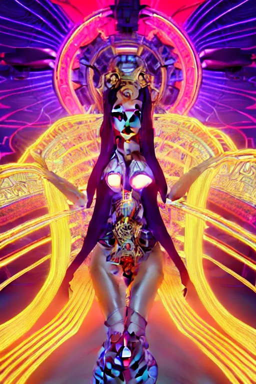 Image similar to symmetrical feminine solarpunk cyborg goddess rendered in Cinema 4D, elegant and ornate futuristic silk robes, held aloft by thousands of glowing neon wires, glowing white neon eyes, platinum and golden flowing long hair, art by Artgerm and Alphonse Mucha, hyperrealism, full body photogenic shot, digital render, cinematic lighting ornate earrings, 8k resolution, masterpiece work