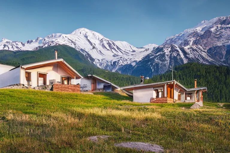 Image similar to architecture photo modern fachwerk house cottage settlement with Elbrus mountain on the background, architecture, photorealism 8k , shining and happy atmosphere, uplight, high details