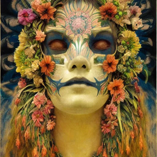 Prompt: masterpiece painting of a facemask made of flowers, by annie swynnerton and jean delville and tino rodriguez and diego rivera, flower mask, flower shaman, spooky dark psychedelic, symbolist, dramatic lighting, god rays, elaborate geometric ornament, clean crisp graphics, soft cool colors, smooth sharp focus, extremely detailed