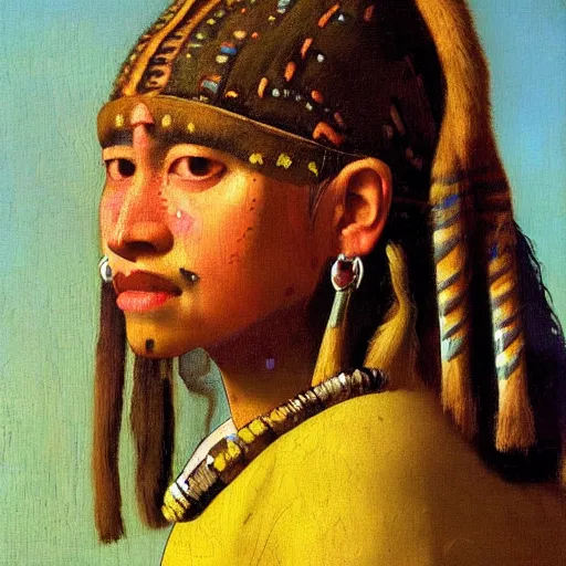 Image similar to high quality high detail painting by johannes vermeer, portrait of a mayan jaguar warrior, hd, photorealistic lighting