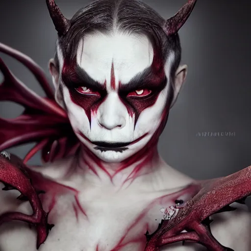 Image similar to a demon inspired by ribons created by the make up artist hungry, photographed by andrew thomas huang, cinematic, expensive visual effects