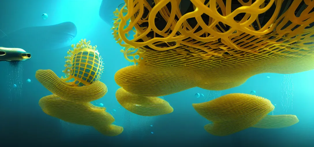 Image similar to underwater futuristic golden organic buildings by antoni gaudi and zaha hadid, underwater light rays, bubble columns, mutant whales, alien jellyfish, colorful coral algaes forest, subsurface scattering, golden ratio, rule of thirds, octane render isotropix materialx osl redshift arnold unreal engine, hyper detailed, sharp focus