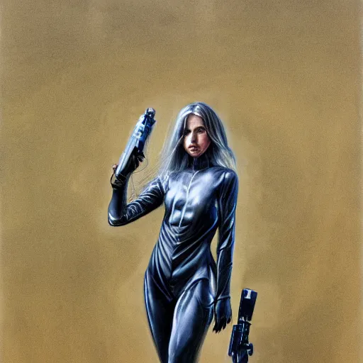 Prompt: pleiadian woman with big eyes and long silver hair wearing a dark body suit and holding a plasma gun as a realistic sci fi character, portrait art by donato giancola and greg rutkowski, digital art, trending on artstation, standing in a barren field, full body, long silver hair