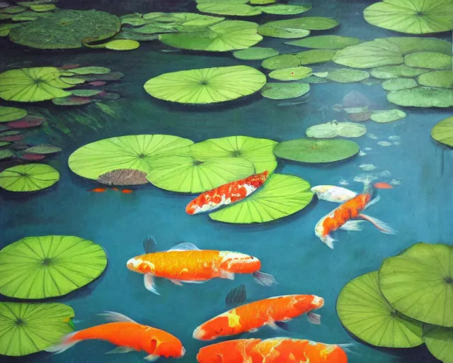 Image similar to koi pond, lotus flowers, dark blue water, green lily pads, goldfish, a fantasy painting by makoto shinkai and James Gurney, trending on artstation