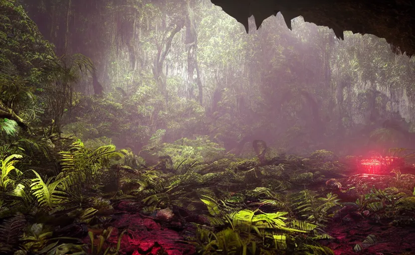 Prompt: a beautiful render of a dark prehistoric rainforest in a humongous cave, lush flora, patches of yellowish - red - magenta sky, sunset lighting, military industrial complex, intricate detail, hazy, humid, volumetric lighting, god rays, 8 k, photorealistic, raytracing effects, unreal engine 5