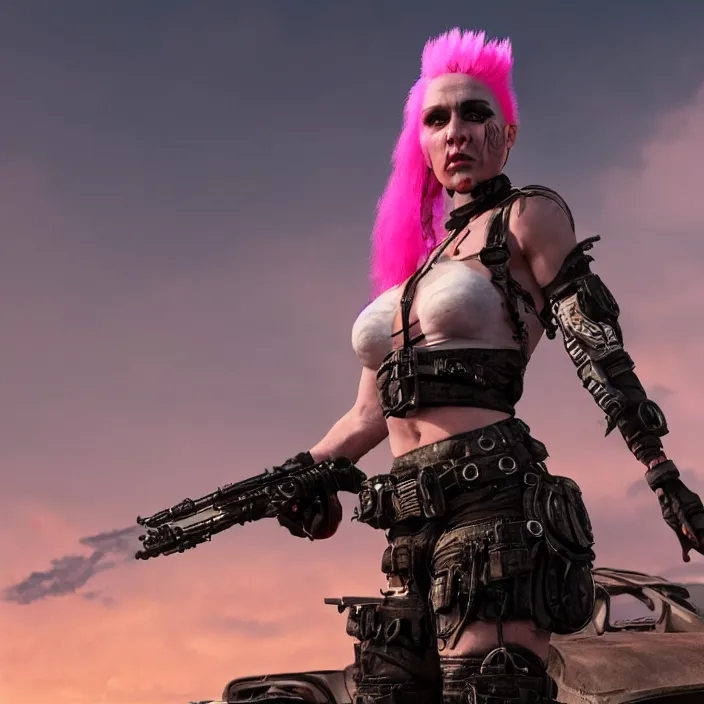 Image similar to realistic beautiful apocalyptic woman with pink Mohawk, standing on mad max panzer tank, 4k ultra hd, fantasy dark art, tank girl, artstation, octane render