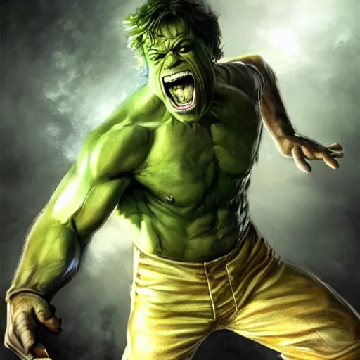 Prompt: steve buscemi as bruce banner turning into the hulk, epic pose, concept art, by artgerm and luis royo, cinematic