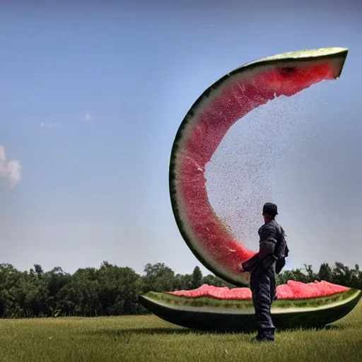 Image similar to The military was called in to try to stop the giant watermelon, but their weapons had no effect on it. The watermelon just kept coming, smashing everything in its path. , Film scene