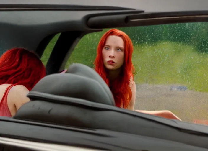 Image similar to A very high resolution image from a new movie, landscape from a car window , teen red hair woman, raining, hot, directed by wes anderson