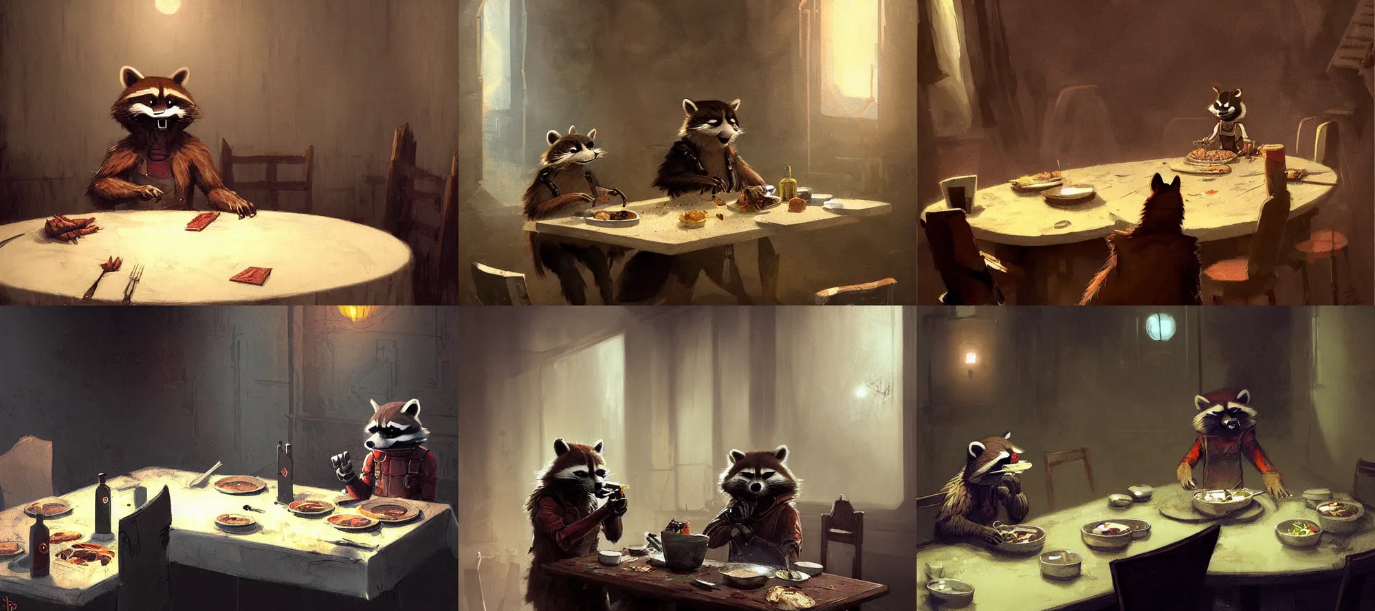 Prompt: rocket raccoon silent hill eating dinner at a table in the backrooms happiness is temporary by greg rutkowski