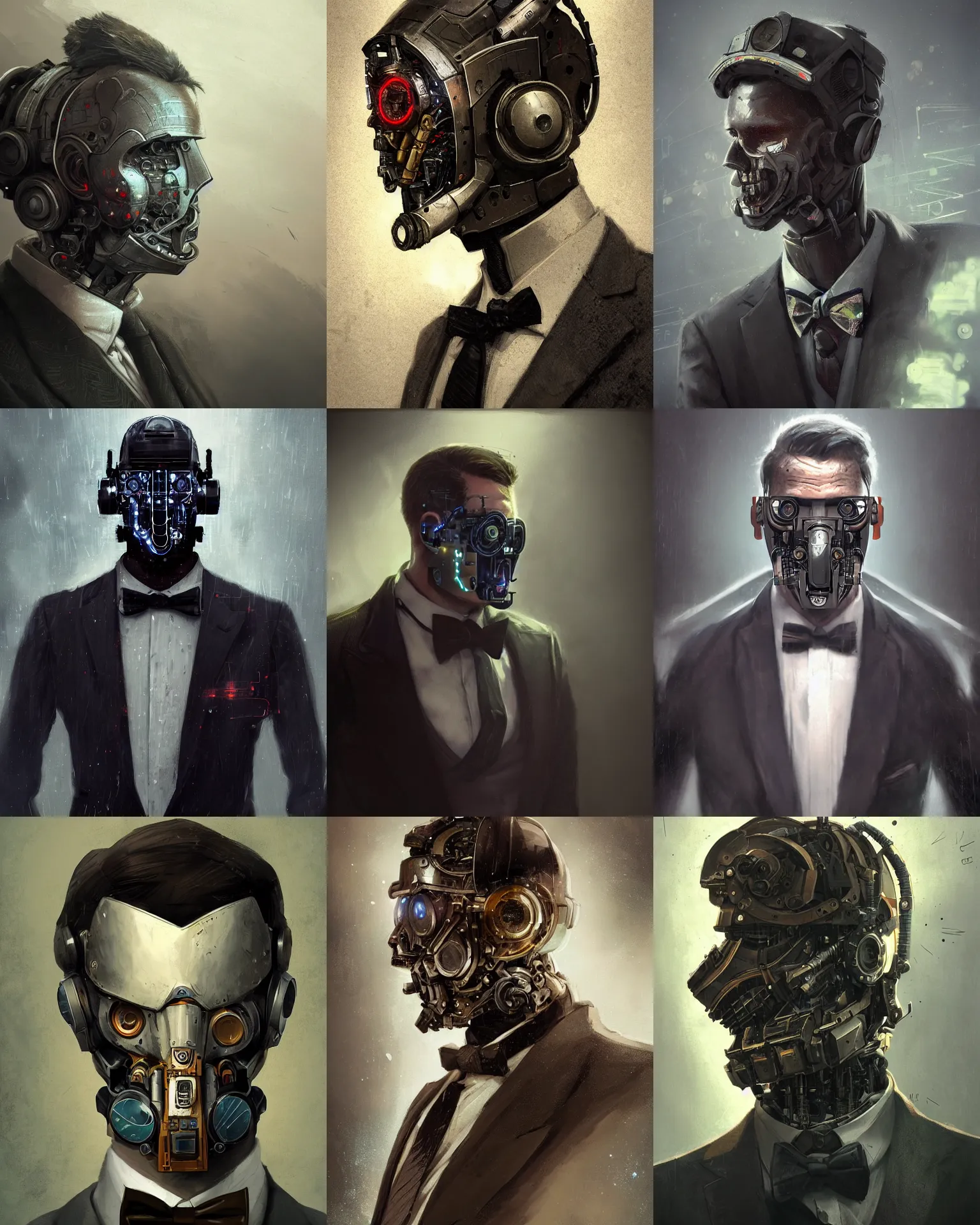 Image similar to a rugged young engineer man with cybernetic enhancements wearing a suit and bowtie, detailed mask, scifi character portrait by greg rutkowski, esuthio, craig mullins, 1 / 4 headshot, cinematic lighting, dystopian scifi gear, gloomy, profile picture, mechanical, half robot, implants, steampunk