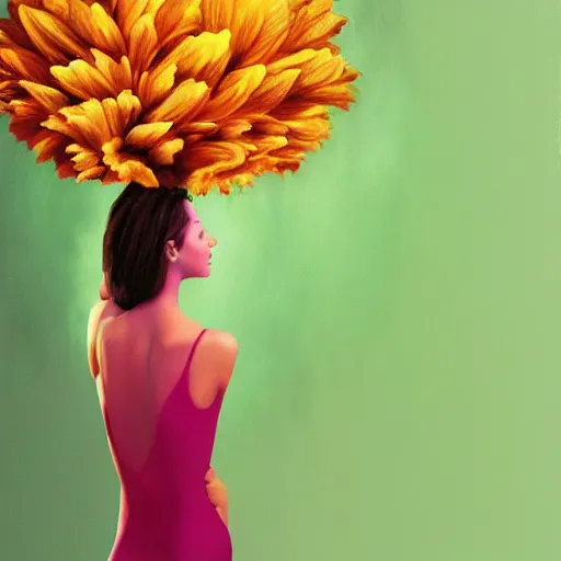 Image similar to huge flower as head, woman standing in a luxury apartment, surreal photography, dramatic light, impressionist painting, digital painting, artstation, georgia o'keeffe