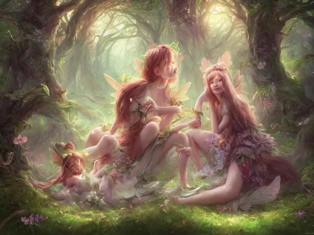 Image similar to two cute fairy in the dreamy forest, fantasy, dreamlike, 8 k resolution, hyper detailed, d & d, character design, digital painting, trending on artstation, sharp focus, illustration, art by artgerm, viktoria gavrilenko, hoang lap, fuji choko, steve zheng