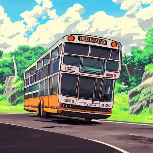 Image similar to A bus looking like a wolf. It is half animal, half machine. 4k Resolution illustration. anime key visual, by studio ghibli.