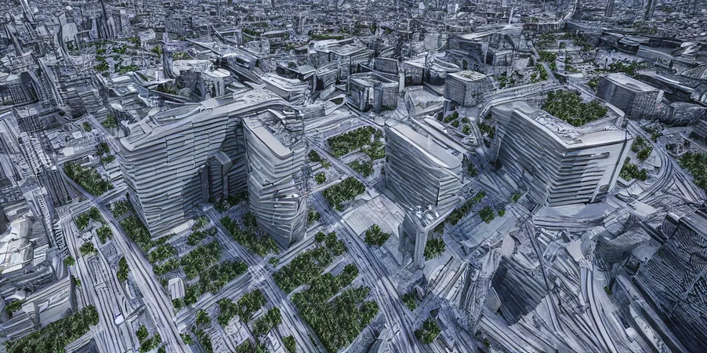 Image similar to drone view of a sci-fi Berlin with a large road through, Brutalist architecture,sharp focus,telephoto lens,3D digital art 4k