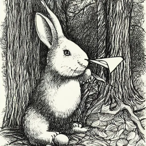 Image similar to a pen and ink drawing of a white rabbit smoking a smokey cigarette while reclining in a deep dark tangled forest, childrens book illustration, by edward gorey, by gustav dore