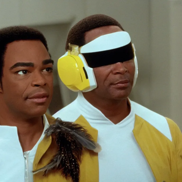 Prompt: geordi la forge wearing retro visor and feather earrings on the starship enterprise