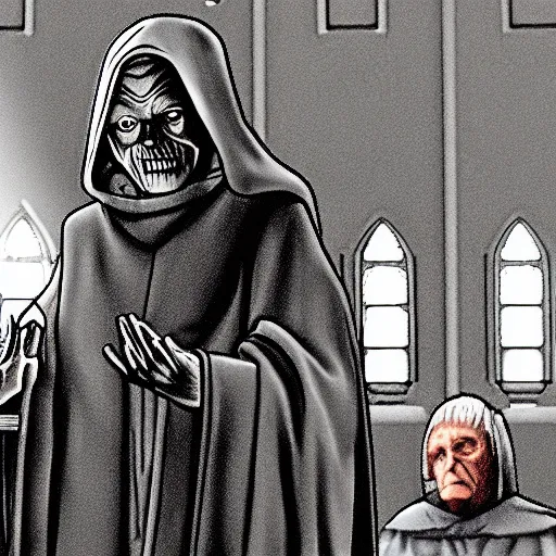 Image similar to emperor palpatine preaching to people at church, 8k cinematic lighting, very sharp detail, anatomically correct