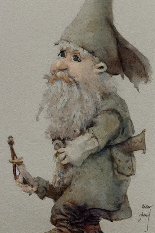 Prompt: muted color!! watercolor of a gnome painterly, granular dripping running. very muted colors. ) ) by jean - baptiste monge!!