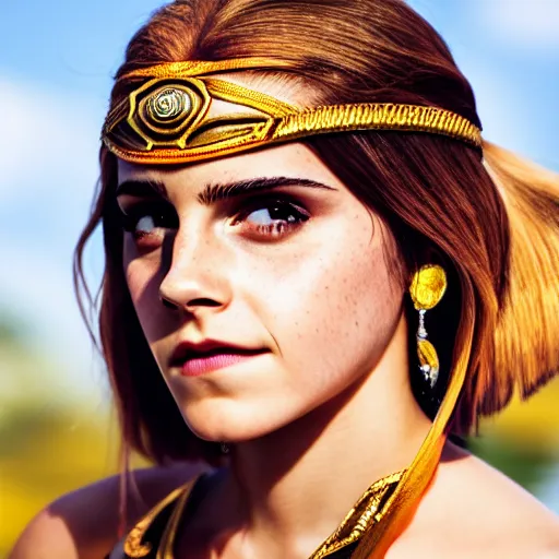 Image similar to Emma Watson modeling as Urbosa from Zelda, (EOS 5DS R, ISO100, f/8, 1/125, 84mm, postprocessed, crisp face, facial features)