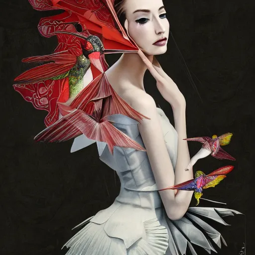 Prompt: 3 / 4 view of a beautiful girl wearing an origami dress, hummingbirds, elegant, by esao andrews, by eiko ishioka, givenchy, by peter mohrbacher, centered, floral ornamentic on cloth and hair, detailed beautiful face, high depth of field, origami, detailed fashion illustration, vogue, japanese, reallusion character creator