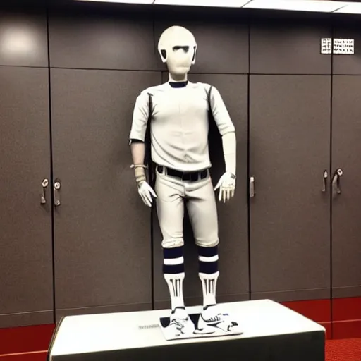 Prompt: “a realistic detailed photo of a guy who is an attractive humanoid who is half robot and half humanoid, who is a male android, baseball player Mike Trout, shiny skin, posing like a statue, blank stare, in the locker room, on display”