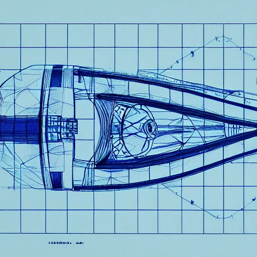Image similar to blueprint of spaceship, technical drawing on blue paper, intricate detail, centered with clean background, studio lighting, 8 k