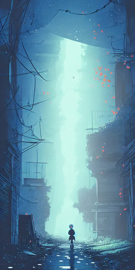 Image similar to abandoned apocalyptic old alley with a kid at the centre, trees and stars background, falling petals, epic blue sunlight, perfect lightning, illustration by niko delort,