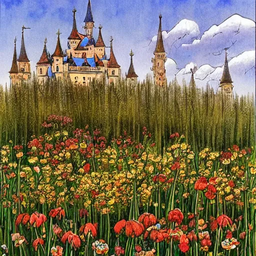 Prompt: a beautiful painting of a large castle towering above a field of flowers and birch trees by moebius