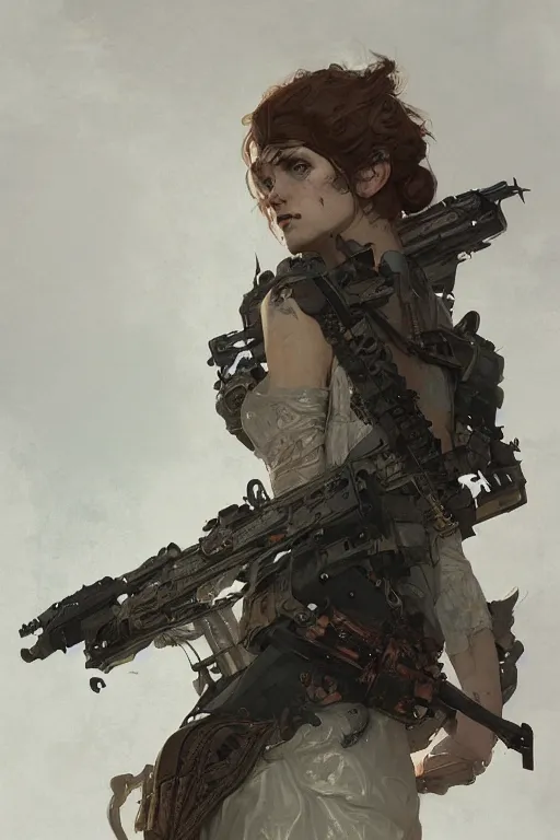 Image similar to A full portrait of a beautiful post apocalyptic offworld arms dealer, intricate, elegant, highly detailed, digital painting, artstation, concept art, smooth, sharp focus, illustration, art by Krenz Cushart and Artem Demura and alphonse mucha