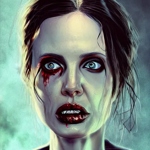 Image similar to a zombie Angelina Jolie, by WLOP, horror, wounds, bloody, dark fantasy, trending on artstation