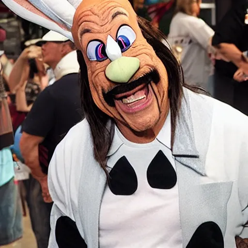 Prompt: Danny Trejo as Bugs Bunny, set photo in costume, cosplay, photograph