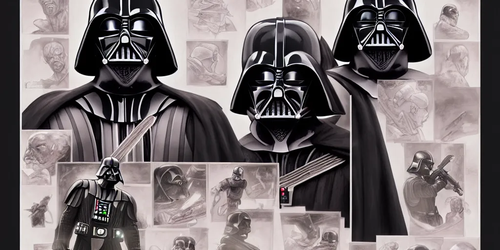 Prompt: darth vader eating dinner, character sheet, storyboard, character design, contrast, deep focus, turnaround, highly detailed, dramatic lighting, digital painting, artstation, concept art, matte, sharp focus, illustration, elegant, art by artgerm and greg f and alphonse mucha.