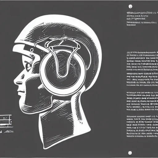 Image similar to a patent drawing of an intricate detailed vr headset from the future in the shape of a medieval knight helmet, extremely detailed alien technology vr!!! headset, with arrows and side angels