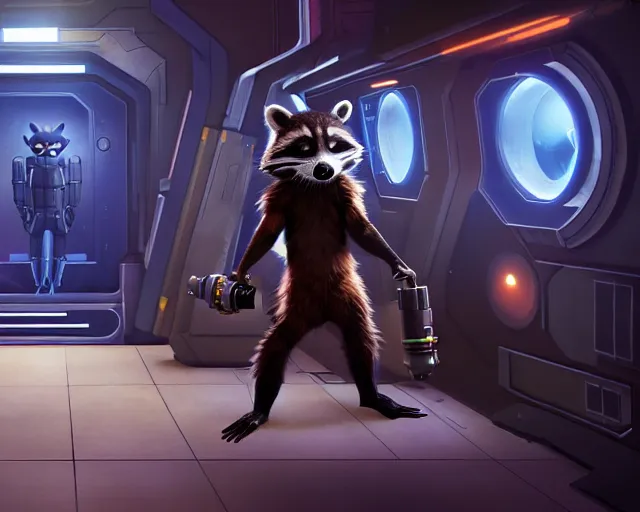 Prompt: detailed illustration of furry rocket the raccoon standing in the hallway of a space ship from guardians of the galaxy, wearing mass effect armor, holding a rocket launcher, soft volumetric lighting, cinematic, craig mullins, disney, pixar, confident action pose, gta v