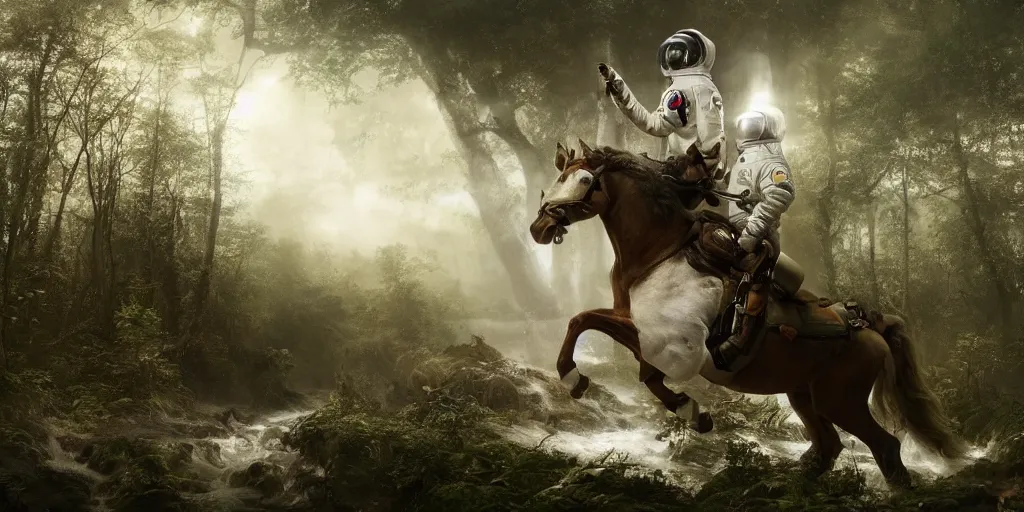 Image similar to an astronaut riding on the back of a white horse through a forest, crossing a river, a detailed matte painting by frieke janssens, featured on cgsociety, fantasy art, matte painting, reimagined by industrial light and magic, matte drawing